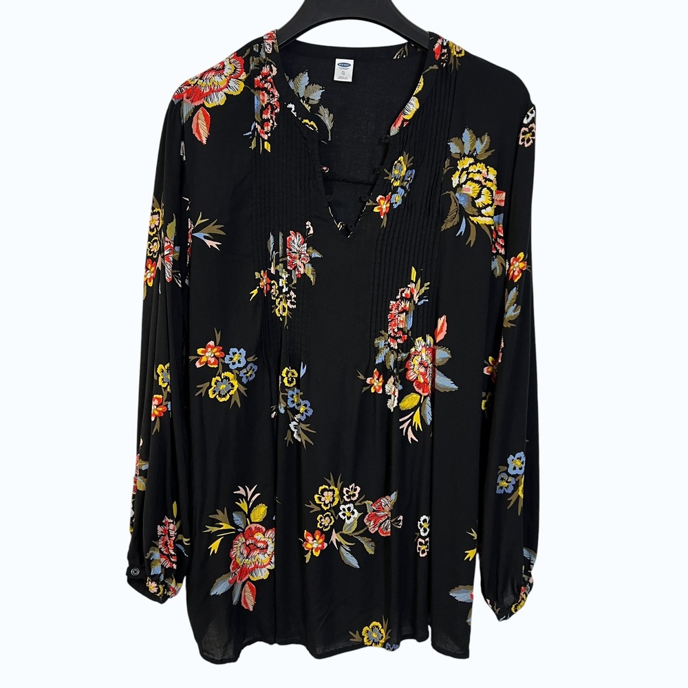 Old Navy Womens XL Black Floral Pintuck V-Neck Long Sleeve Rayon Blouse Top Boho